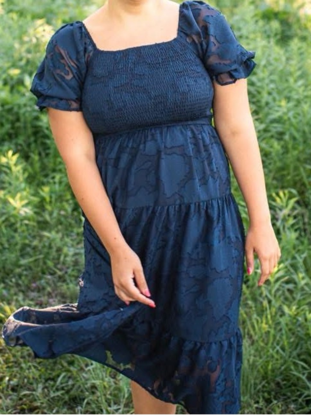 Navy Smocked Bodice Tiered Dress